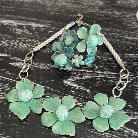 Sea blue & green matching necklace and bracelet set. - Picture 1 of 10